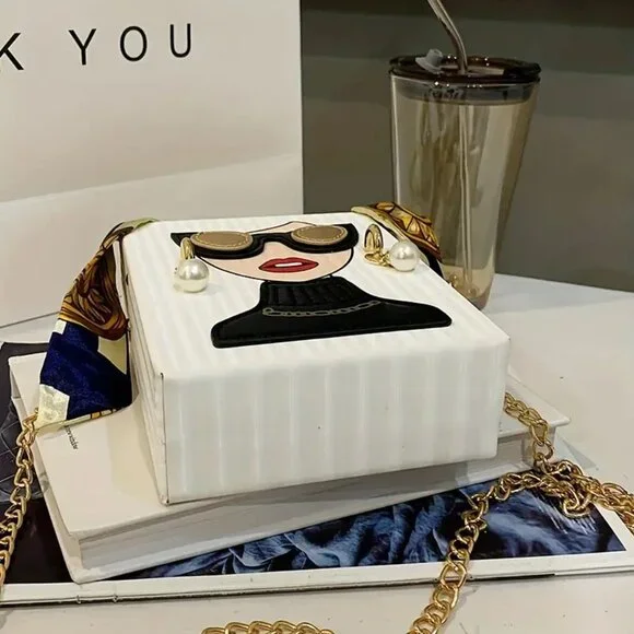 Fashion Lady Face Trendy Box Handbag for Women w/Pearl Earrings, Scarf Handle - Picture 8 of 16